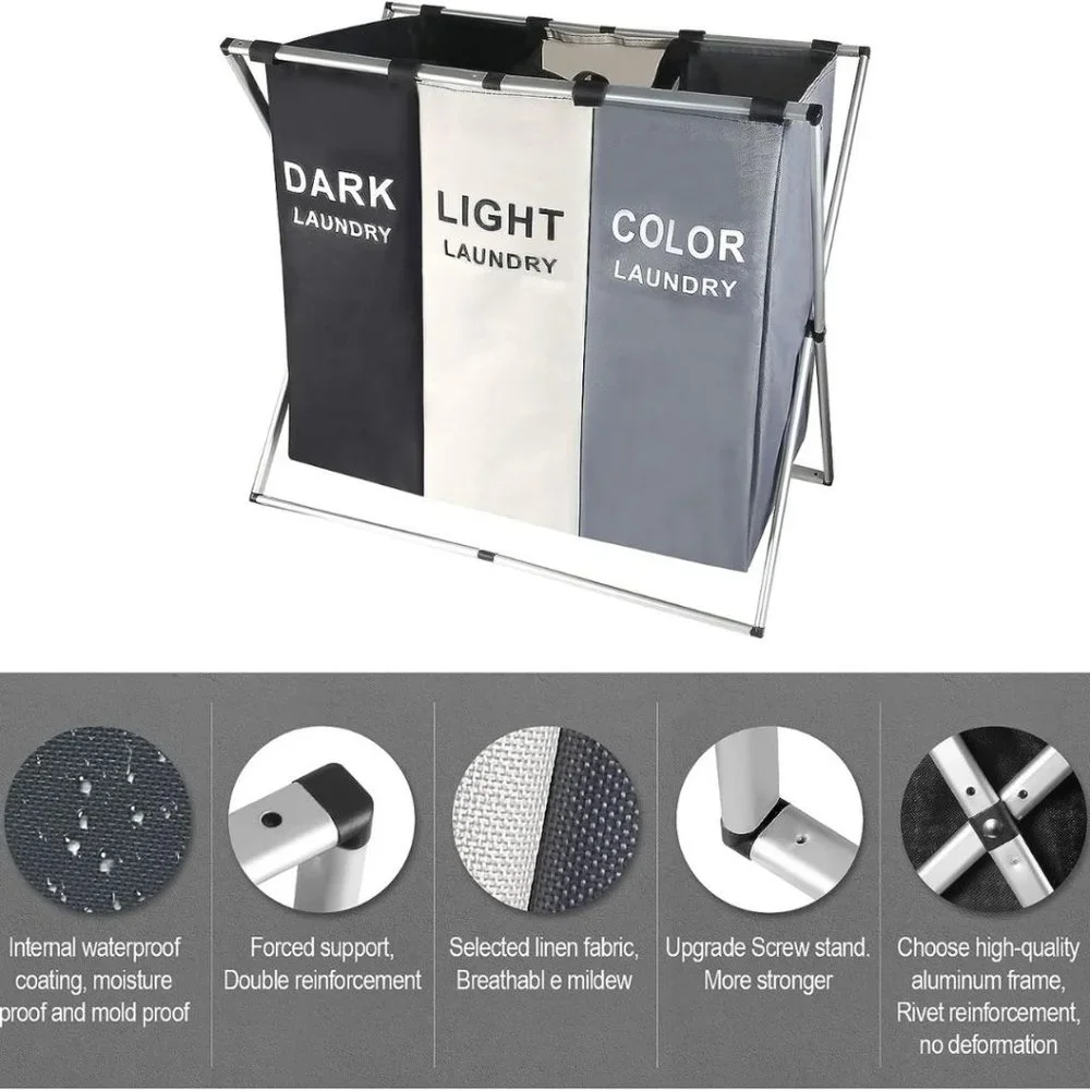 Laundry Cloth Hamper Sorter Basket Bag Bin Foldable 3 Sections Aluminum Frame
